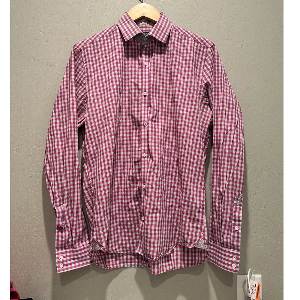 Stone Rose Gingham Button Down Shirt Pink Floral Trim Cotton Men's Size 3 Medium - Picture 2 of 9